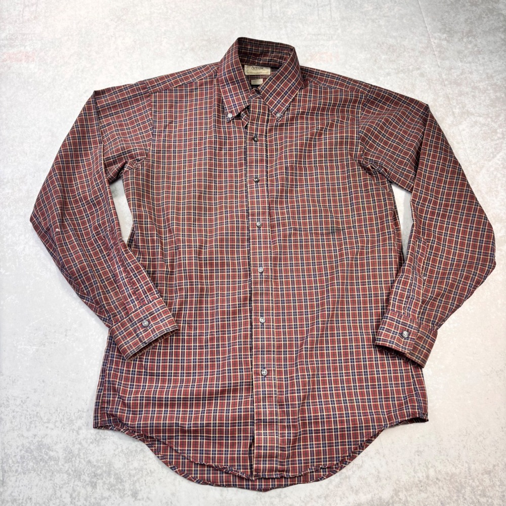 Vintage 1980s Arrow Broadstreet Plaid Button Down Shirt 15.5 32/33 Made USA